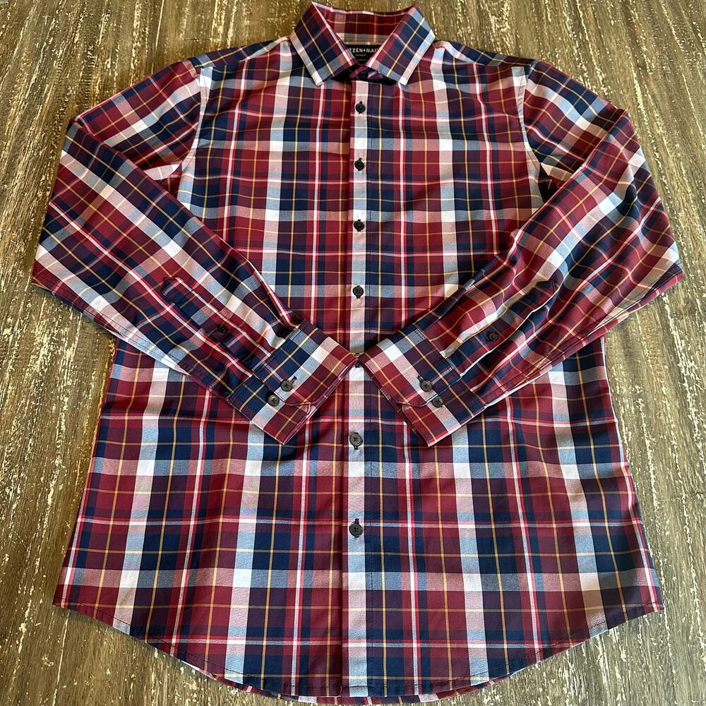 Mizzen + Main Leeward Performance Dress Shirt Tartan Plaid Red Mens Size M Trim